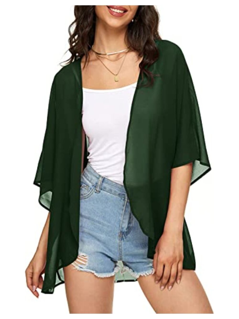 Women's Solid Puff Sleeve Kimono Cardigan Loose Cover Up Casual Chiffon Blouse